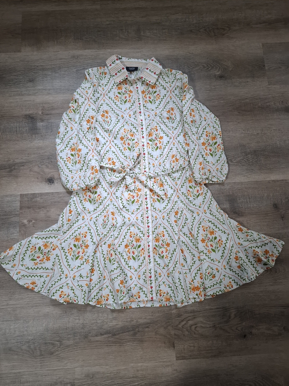 CeCe XS 100% Cotton White Dress with Orange Floral & Green Vine Print